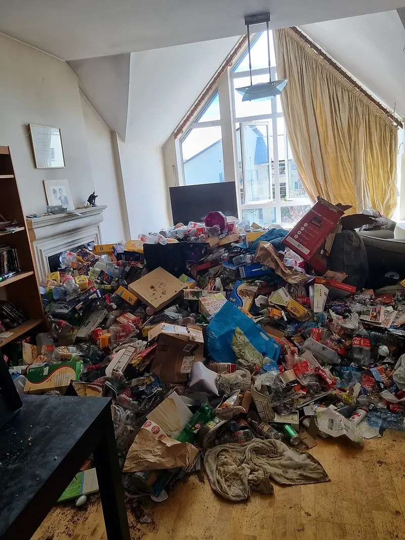 Apartment living room buried under rubbish, packaging and bags before clearance