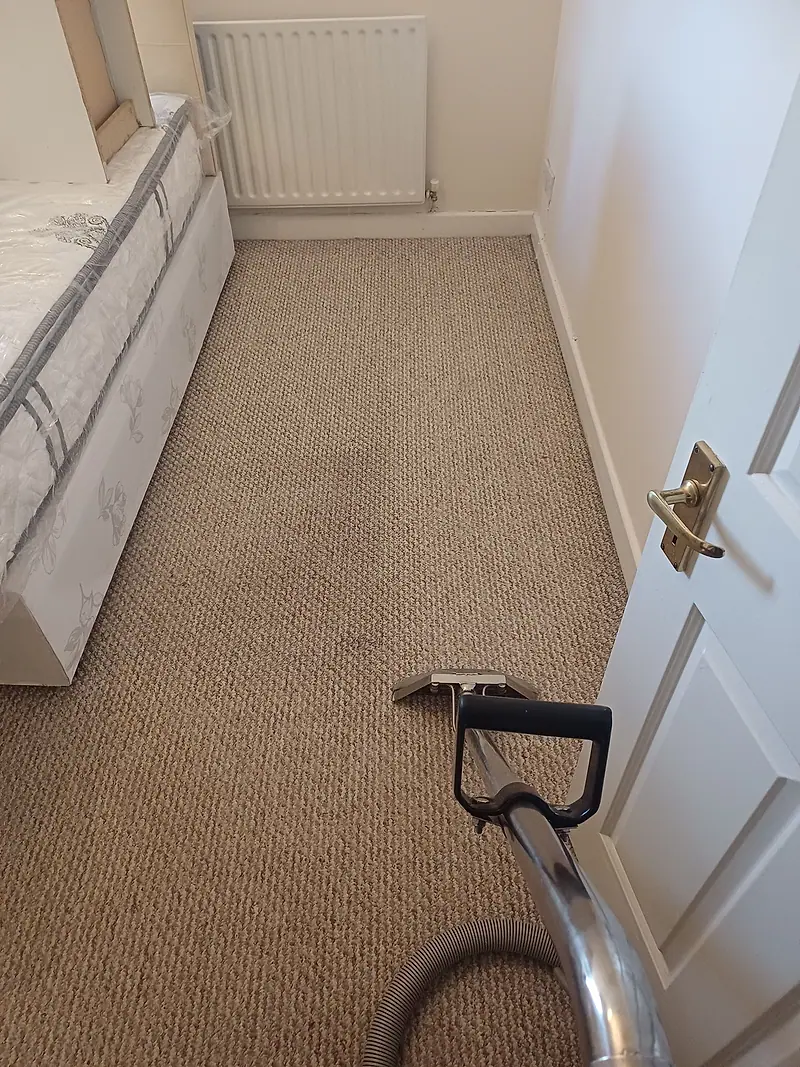 The same bedroom carpet part-way through extraction, the traffic lane visibly lighter