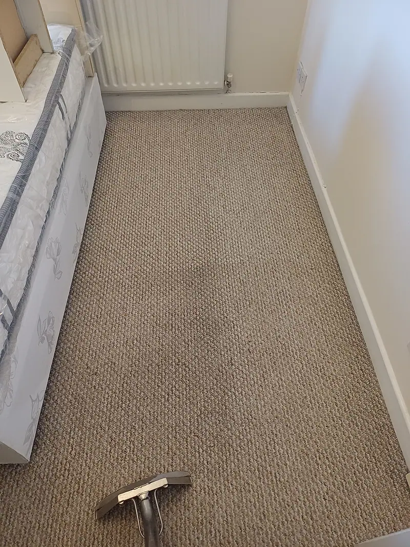 Bedroom carpet with a dark traffic lane down the middle before cleaning