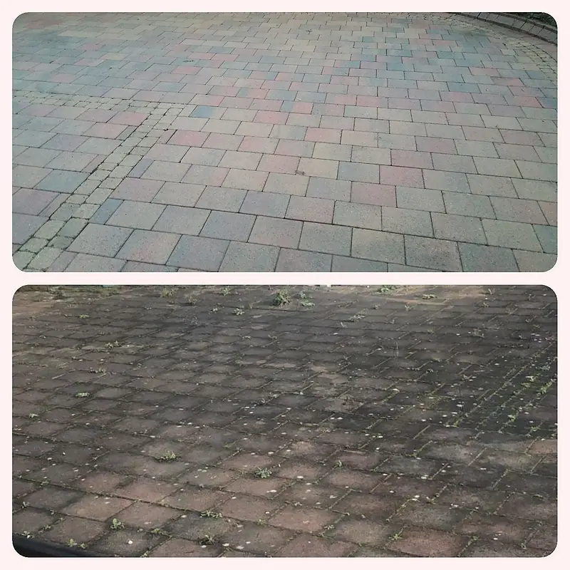 Block-paved driveway before cleaning, dark with moss, and after, clean