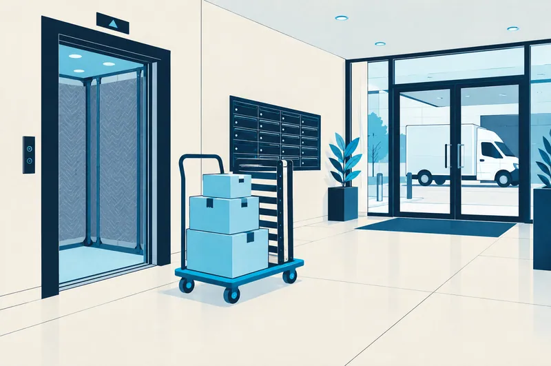 Illustration of an apartment lobby with lift blankets, a trolley of boxes and a van outside