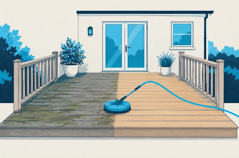 Illustration of a timber deck half slimy and half cleaned with a rotary surface cleaner