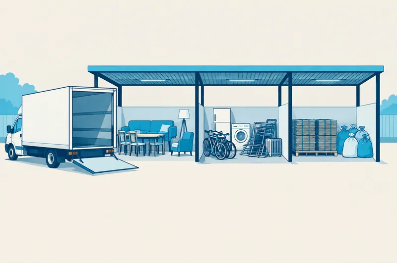 Illustration of a sorting yard with bays for reusable furniture, metals and appliances, and cardboard and textiles
