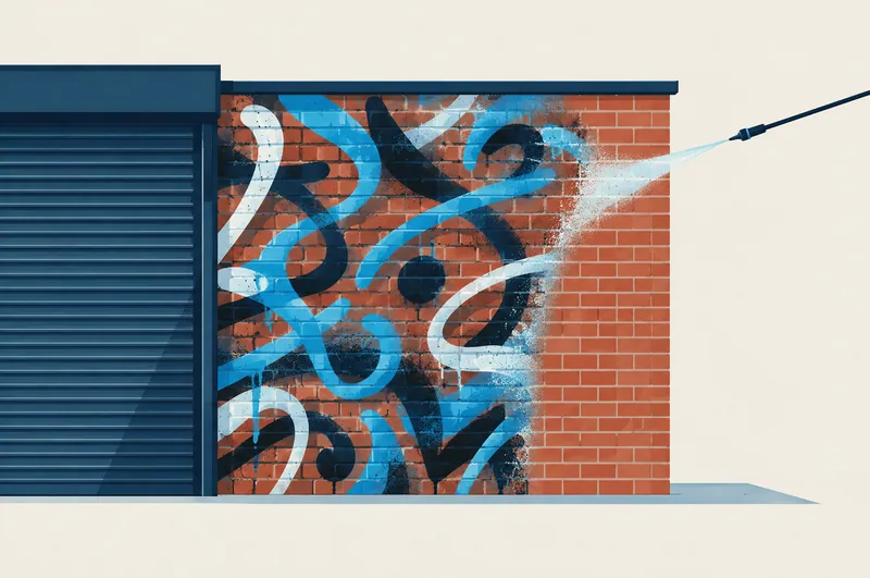 Illustration of a brick wall with spray-paint scribbles being cleaned back to brick