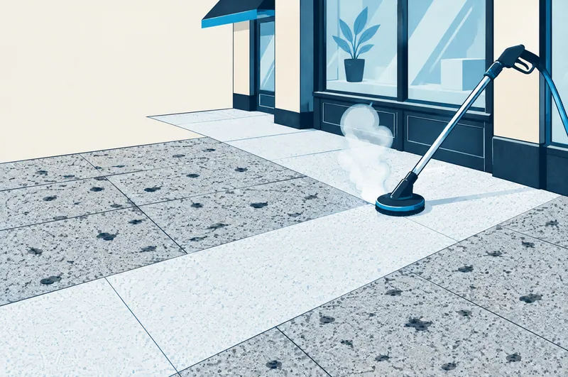 Illustration of a granite footpath with gum spots and a steam-cleaned band