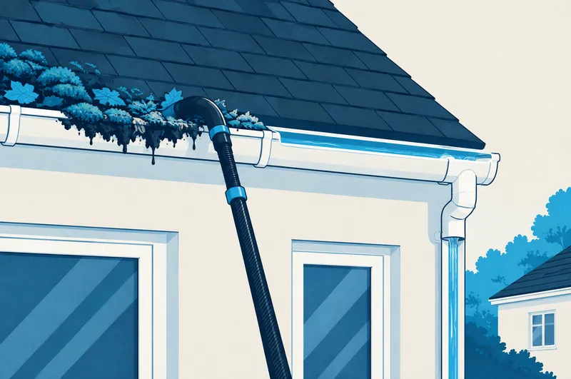 Illustration of a gutter half full of moss and leaves and half cleared, with a gutter-vacuum pole