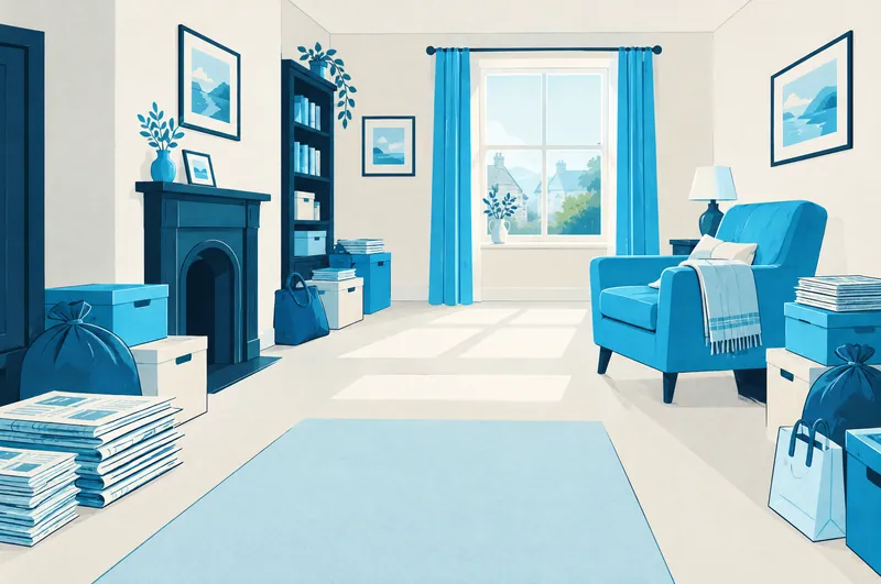 Illustration of a sitting room with stacks of papers and boxes along the walls and a clear path to a sunlit window