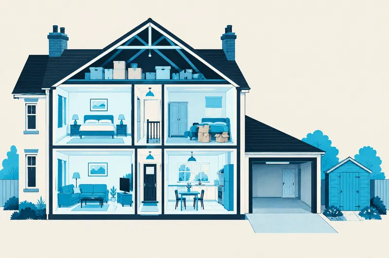 Illustration of a two-storey house in cross-section showing an attic, bedrooms, living room, kitchen, garage and shed
