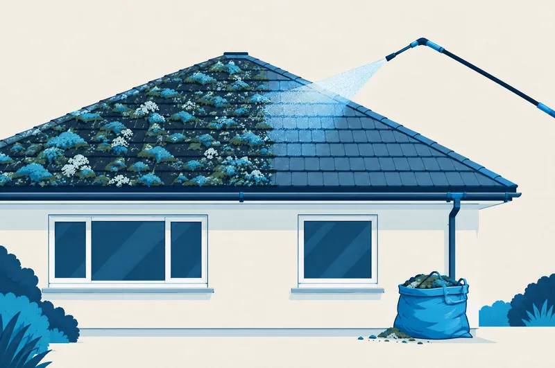 Illustration of a tiled roof with moss on one side and clean tiles on the other