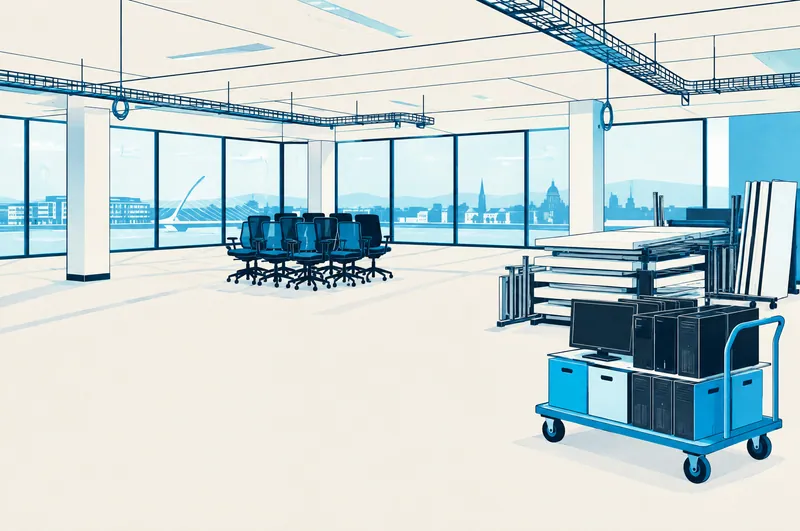 Illustration of an open-plan office mid-clearance, chairs grouped and desks stacked
