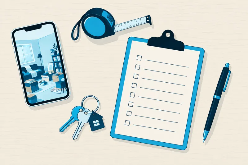Illustration of a phone showing a photo of a cluttered room, a tape measure, keys and a checklist