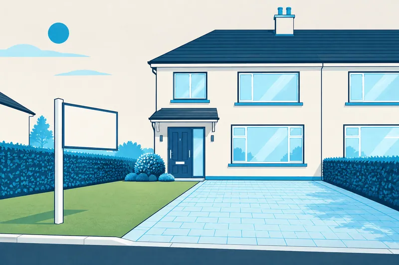 Illustration of a semi-detached house ready for sale with a blank sign board and a freshly washed driveway