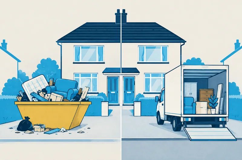 Illustration comparing an overflowing skip on a driveway with a neatly loaded clearance van