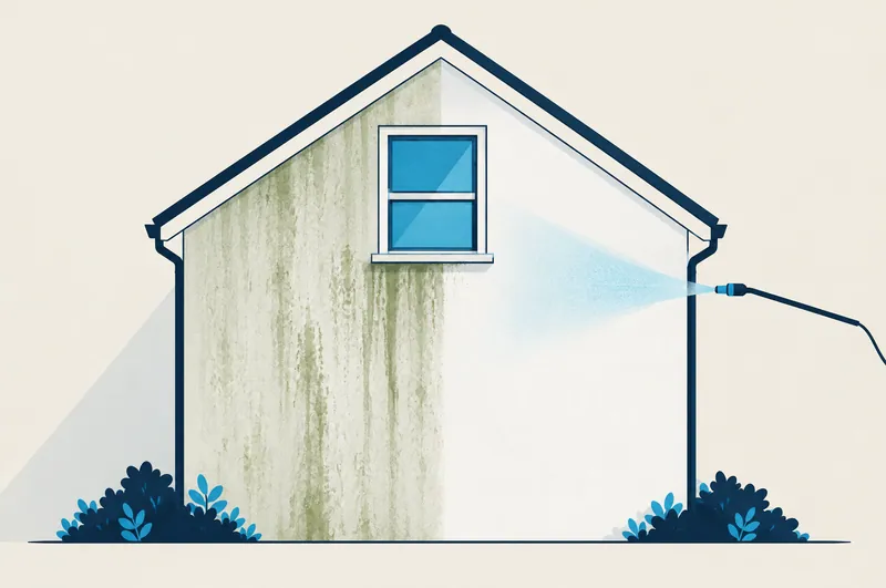 Illustration of a rendered wall with algae streaks being soft washed clean