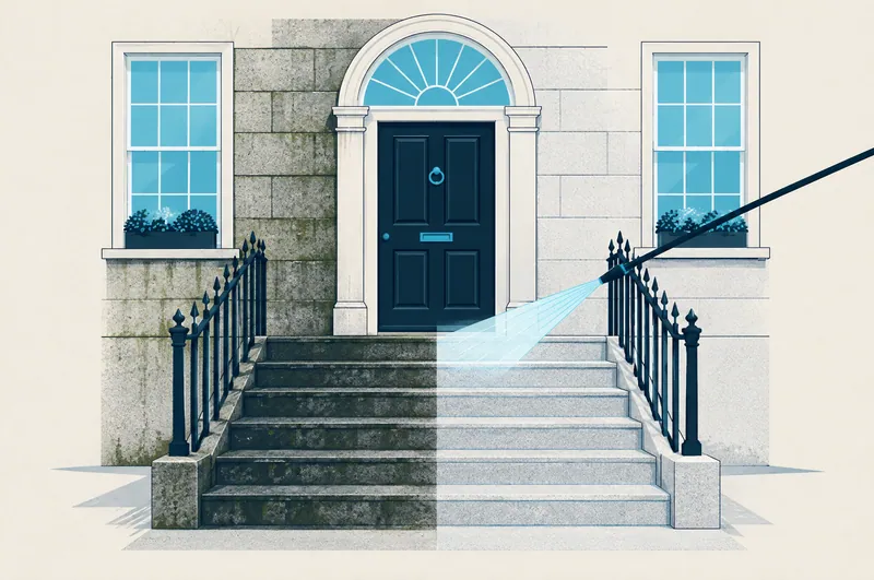 Illustration of Georgian granite steps half darkened by algae and half cleaned