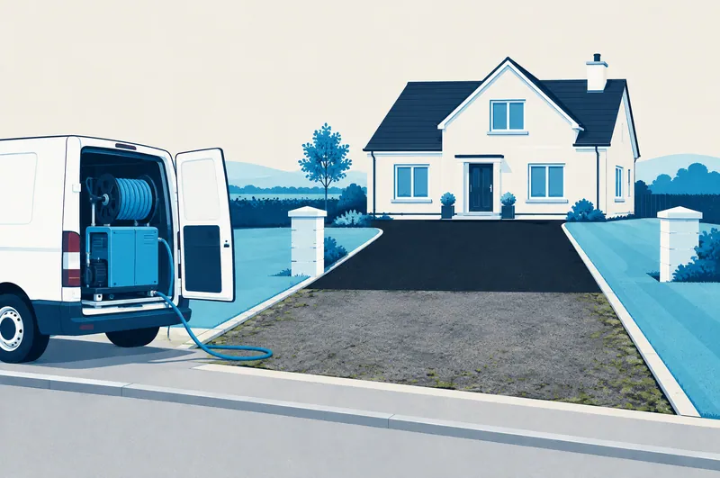 Illustration of a tarmac driveway, half dull and mossy and half clean black