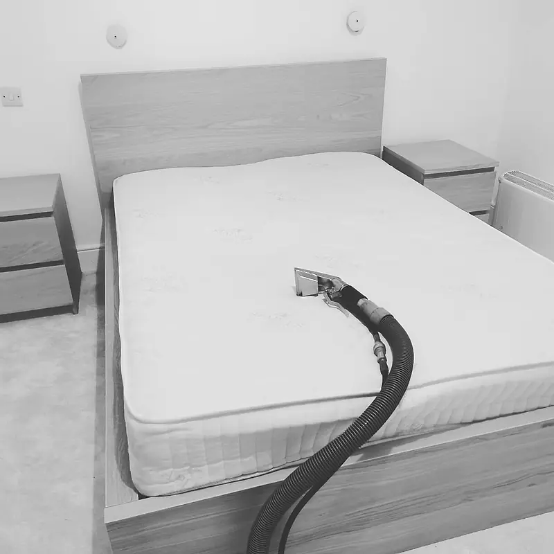 Mattress being cleaned with a hand tool in a bedroom