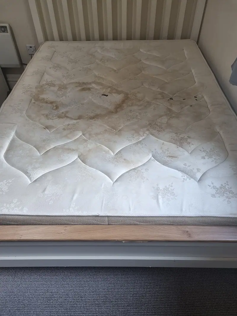 Stained double mattress on a bed frame before cleaning