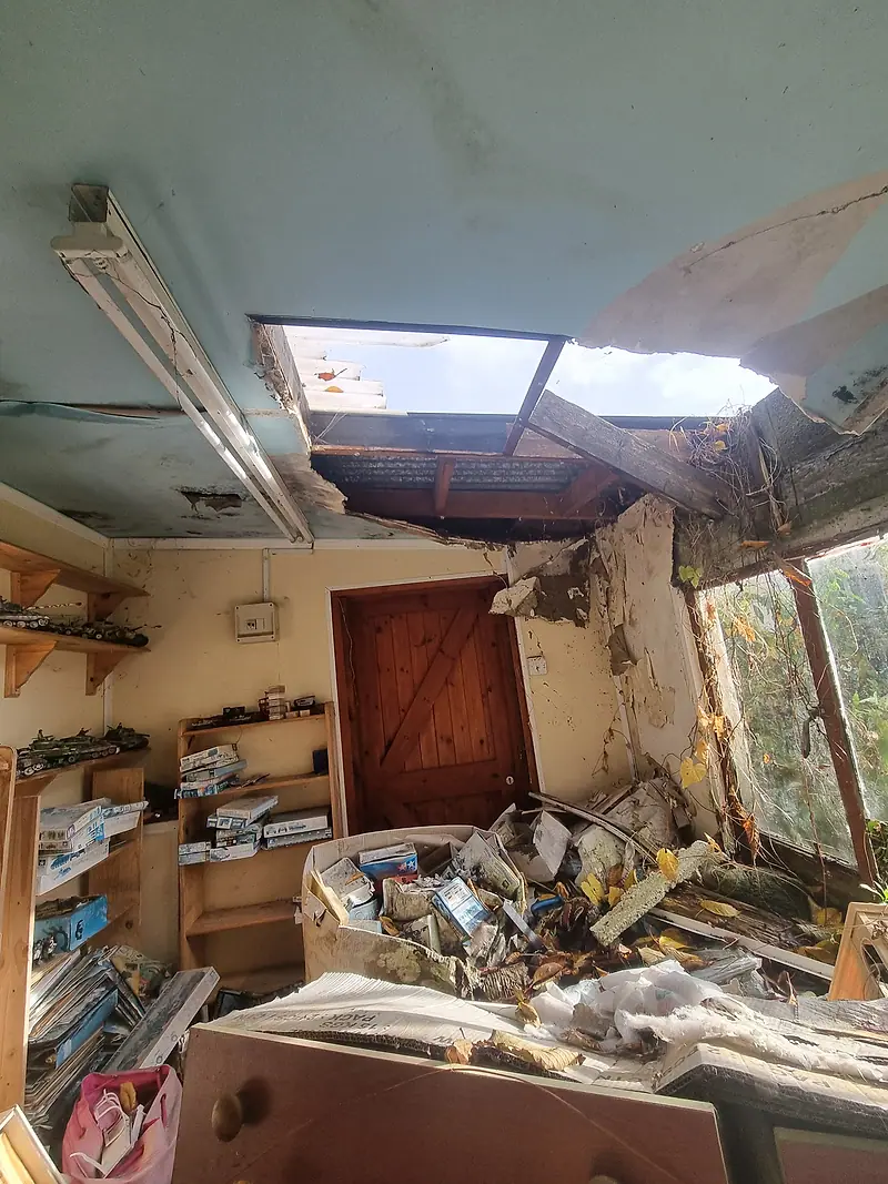 Garden outbuilding with a collapsed roof, shelves and rubbish inside