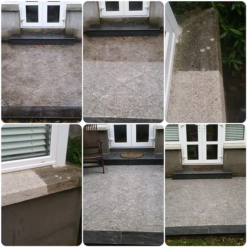 Front path and steps of a house shown before and after power washing