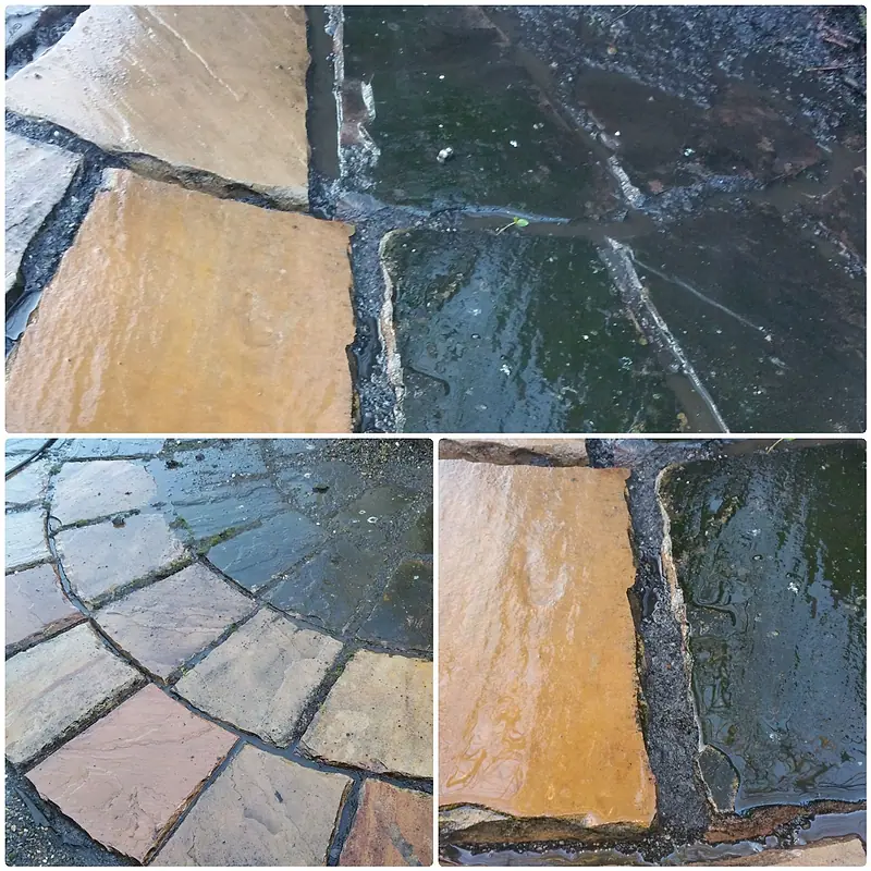 Natural stone patio before and after cleaning, the stone colour restored