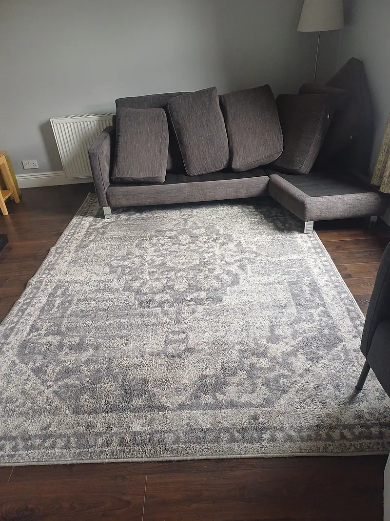 Large grey vintage-pattern rug in front of a charcoal corner sofa