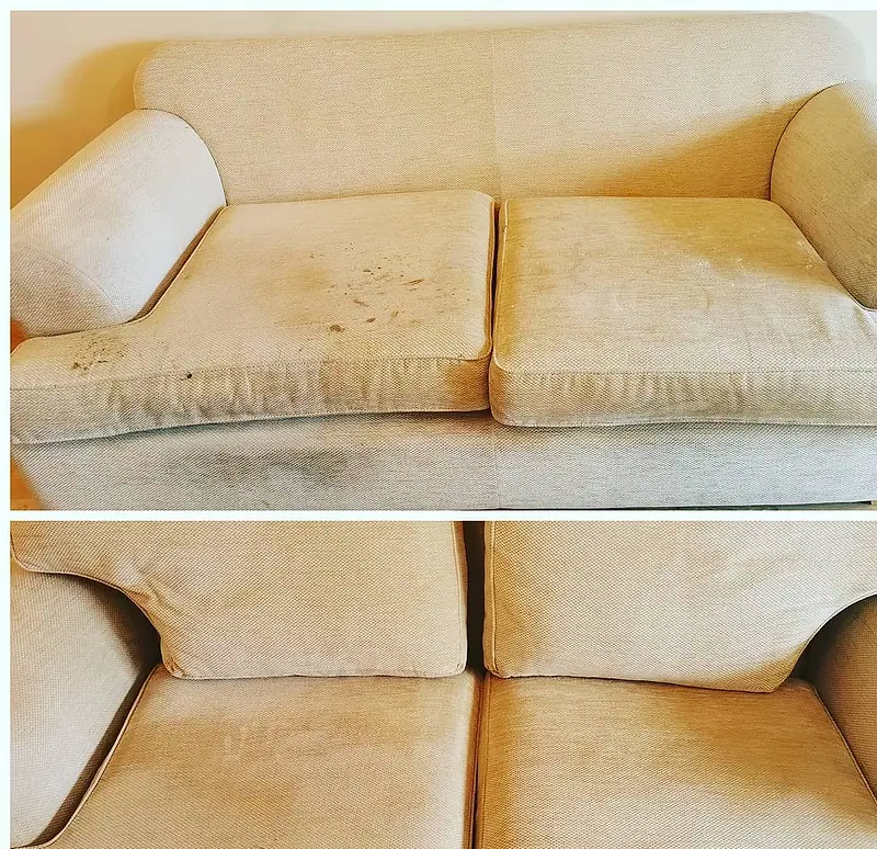 Cream sofa cushions shown stained before and clean after