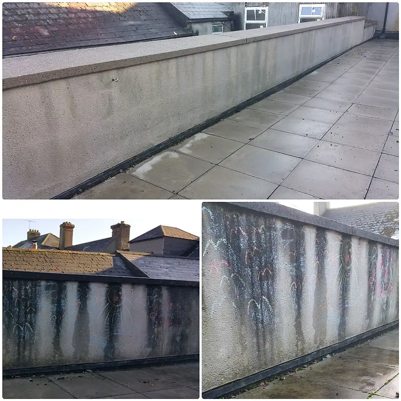Terrace tiles and a garden wall before and after power washing